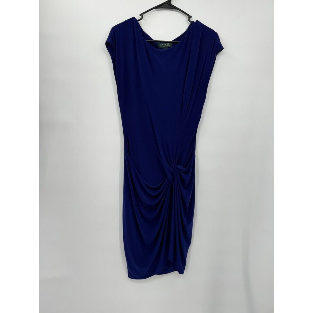 Lauren Ralph Lauren 4 Sheath Dress Womens Royal‎ Blue Draped Knot Front Midi